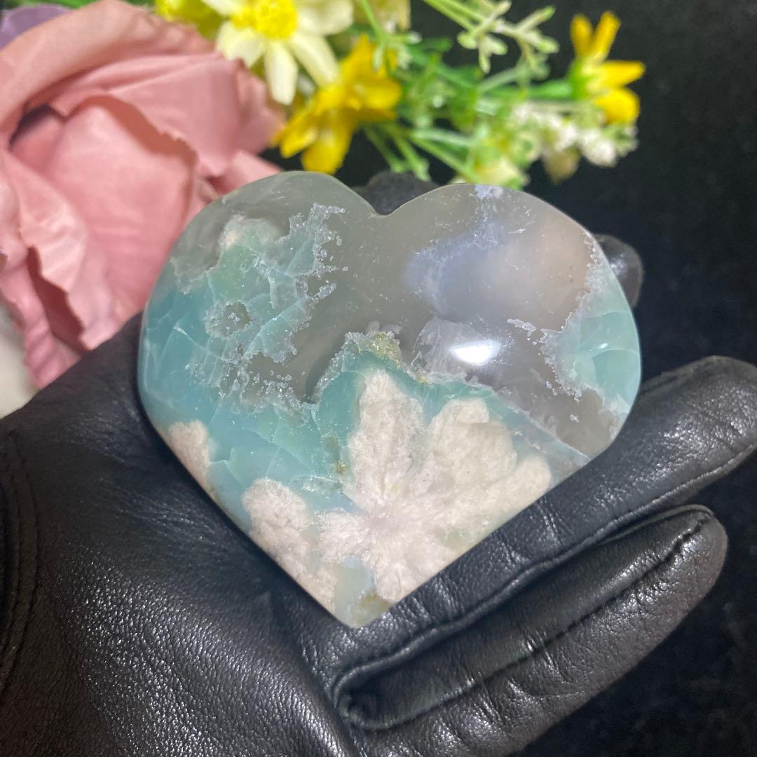 高品質 グリーン桜瑪瑙 ハート 握り石 置き石 sp③