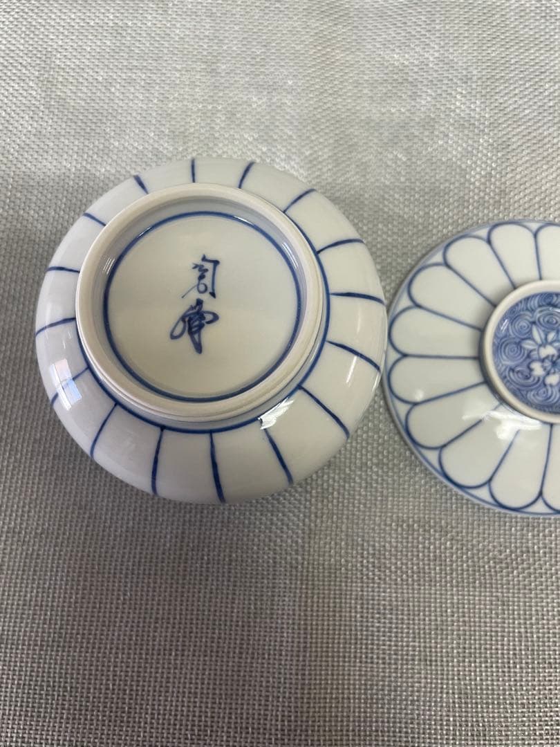 新品　京都　清水焼　蒸茶碗　5客　染付菊割雲錦　平安　陶峰　蓋付き椀