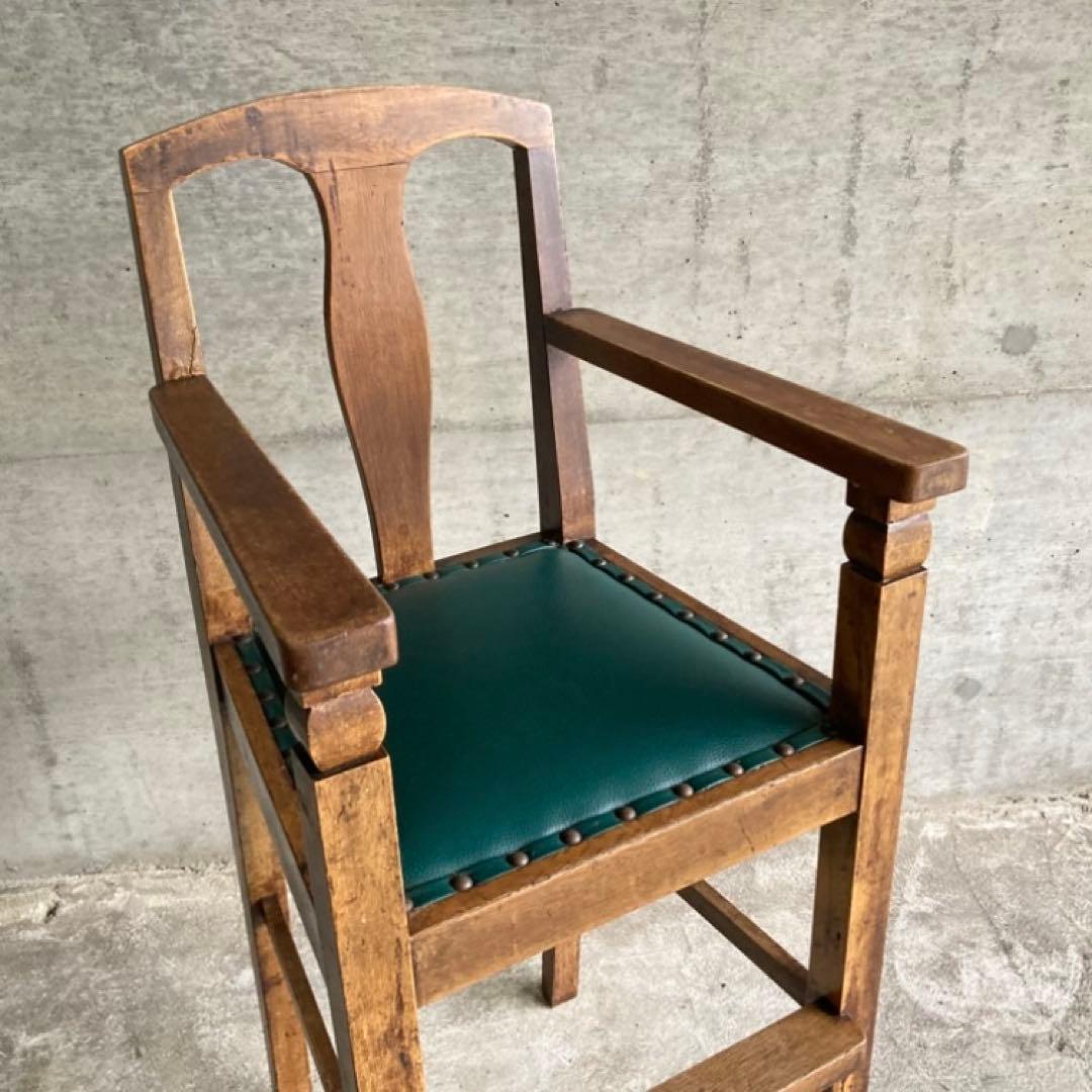 古い味のある子供椅子 ハイチェア 木製 飾り台 緑色 家具 レトロ ヴィンテージ