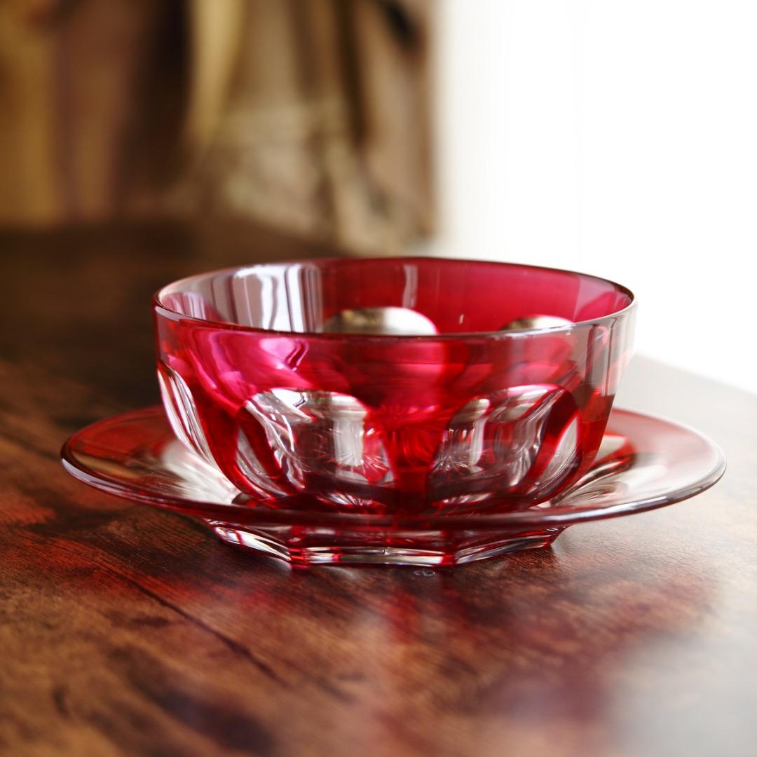 バカラ カット ボウル＆ソーサー セット B469a / エンパイア 金赤