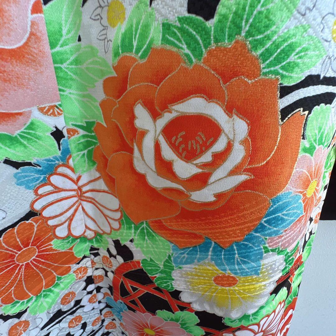 フルセット　七五三７歳女の子　黒地花　緑地袋帯正絹　花菱　半襦袢　7100