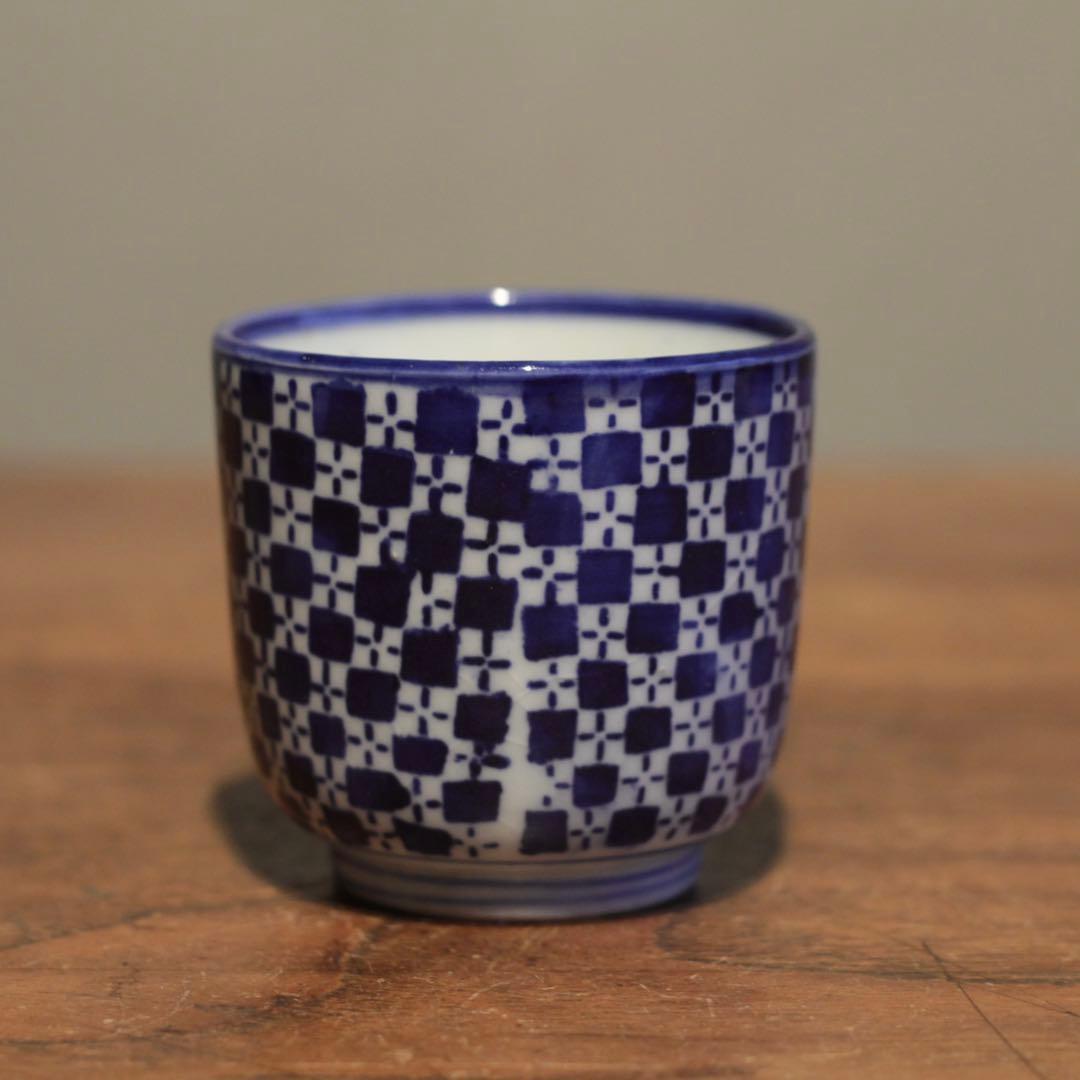 市松文様 筒盃 明治 印判 酒器 ぐい呑み 古美術 古道具 アンティーク