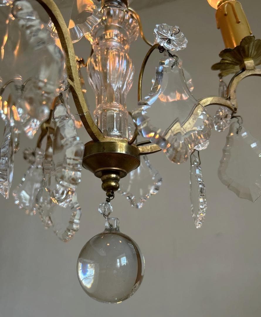 フランスアンティーク　シャンデリア　３灯　ガラスドロップ　シャビー　店舗什器