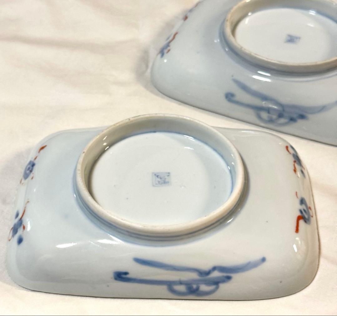 トム様用　伊万里 錦手色絵 帆船　波　松竹梅長皿文2客　角皿