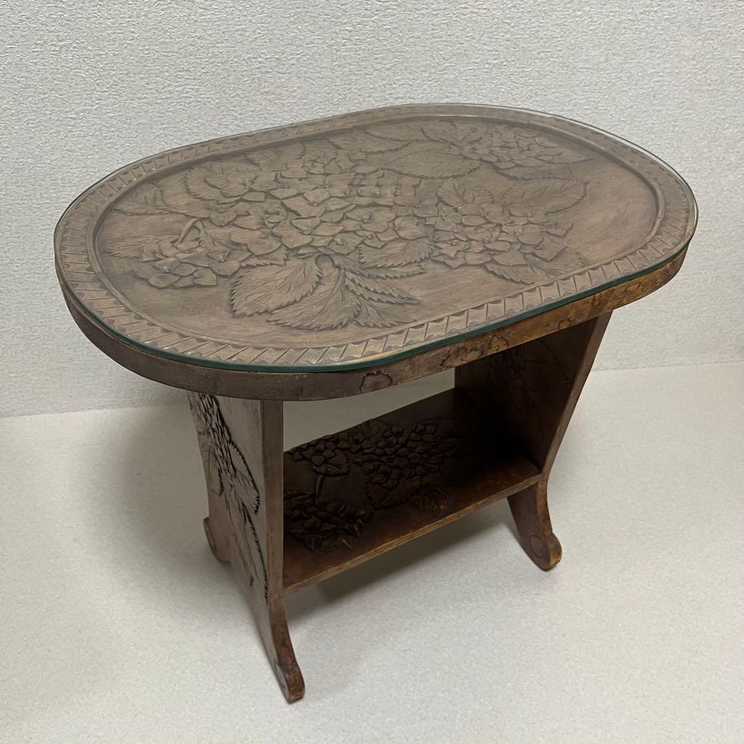 伝統工芸 サイドテーブル 木彫り 紫陽花 アジサイ 日光堀