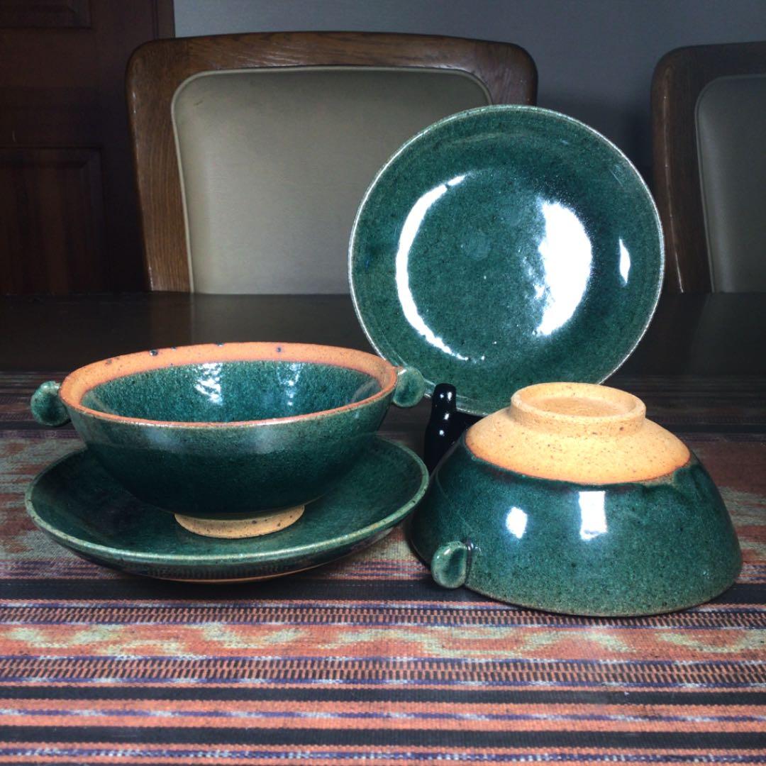 『フォロうー特価』　萩焼　CX2 スープカップ&ソーサー　ペア　緑