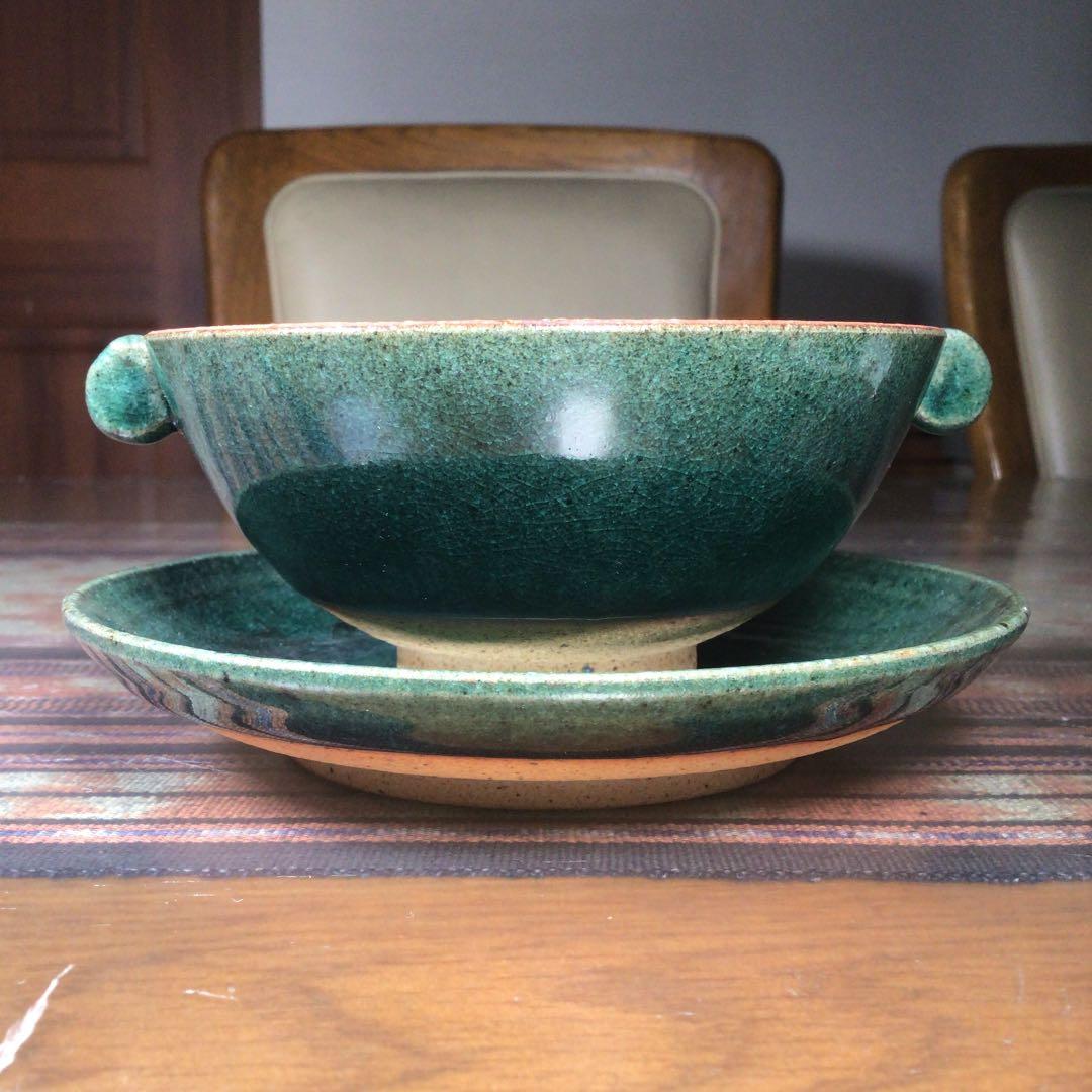 『フォロうー特価』　萩焼　CX2 スープカップ&ソーサー　ペア　緑