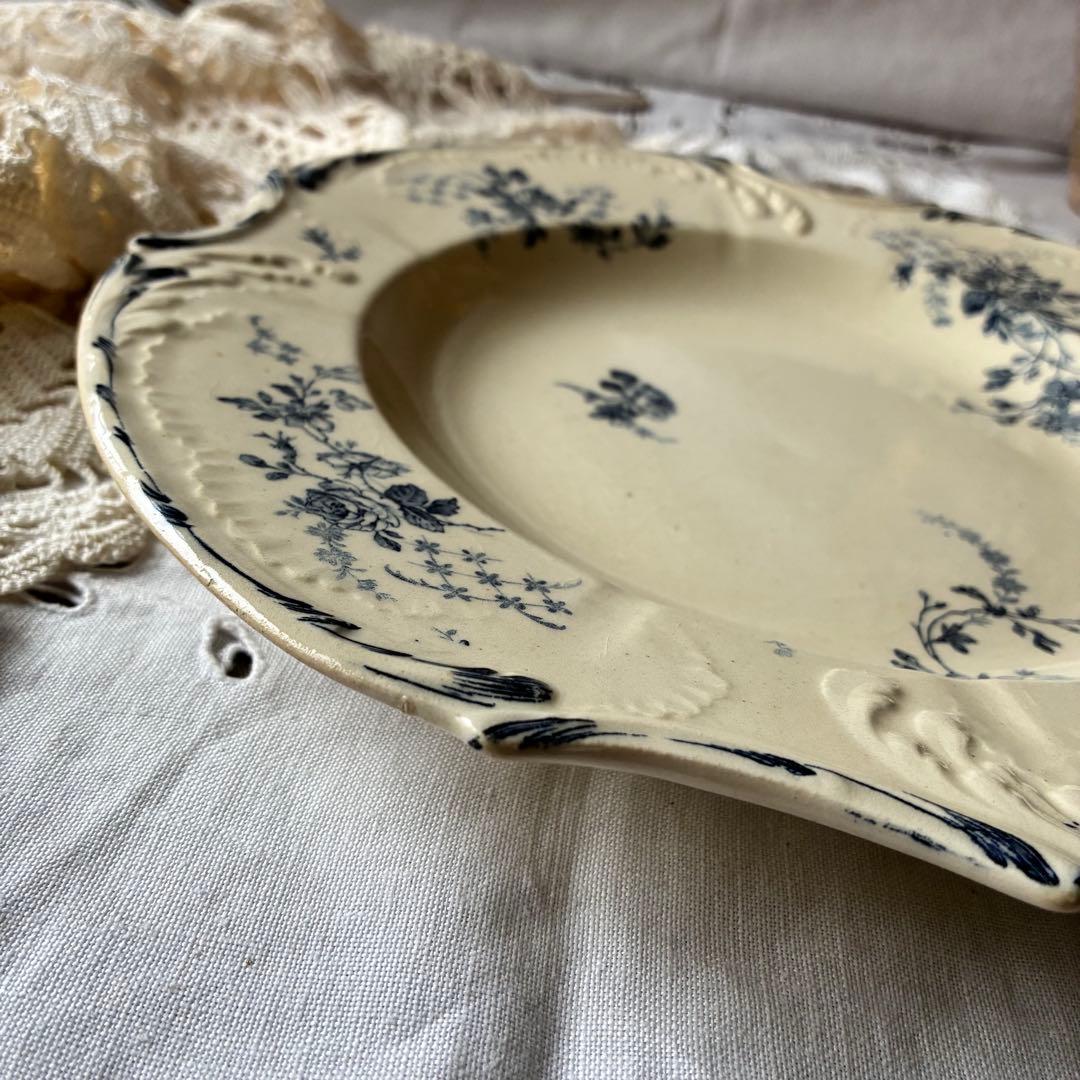 大きめ　Gien ブルー　四角いプレート　レリーフ　フランス　アンティーク