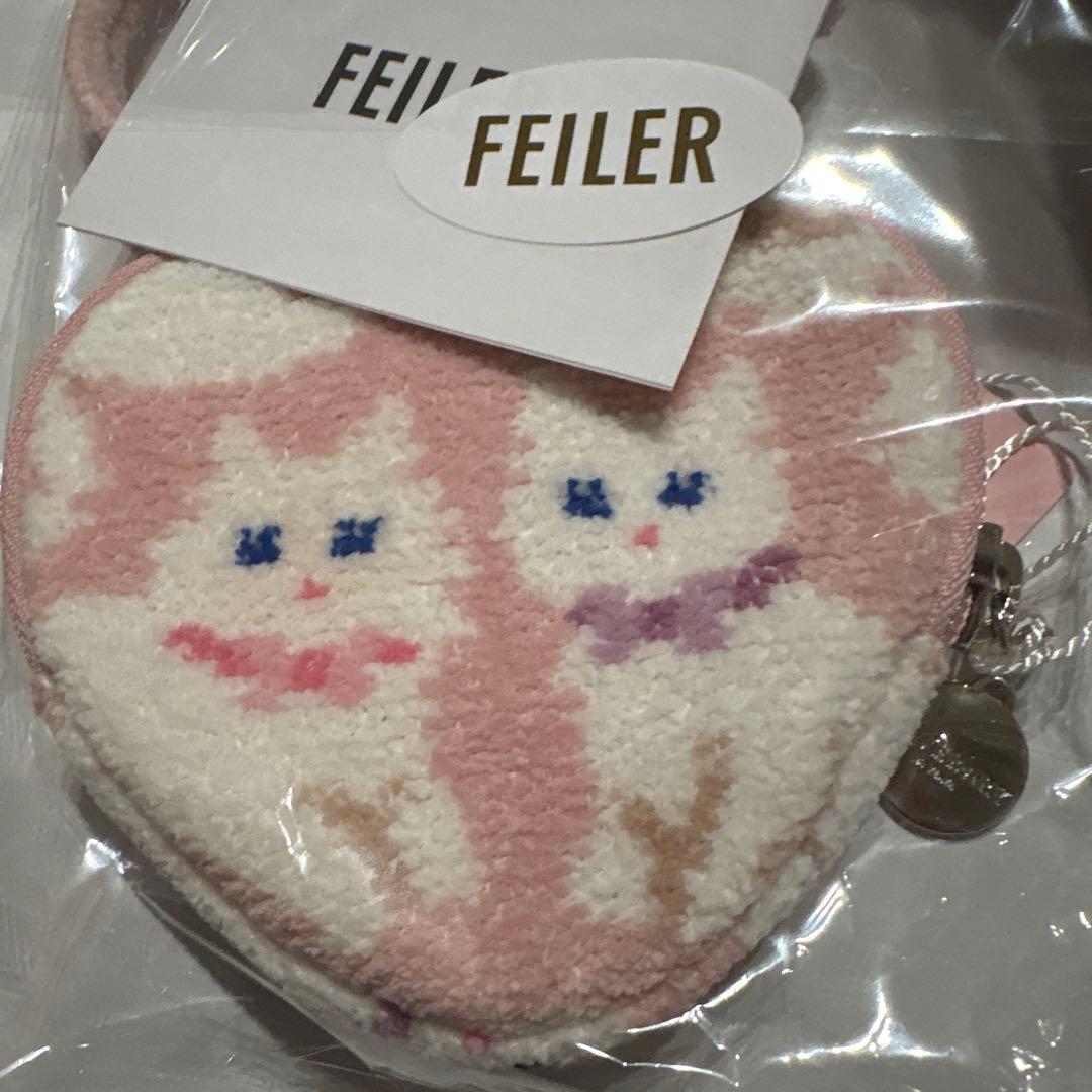 フェイラー　モフモフネコちゃん　ハート型ポーチ　ピンク
