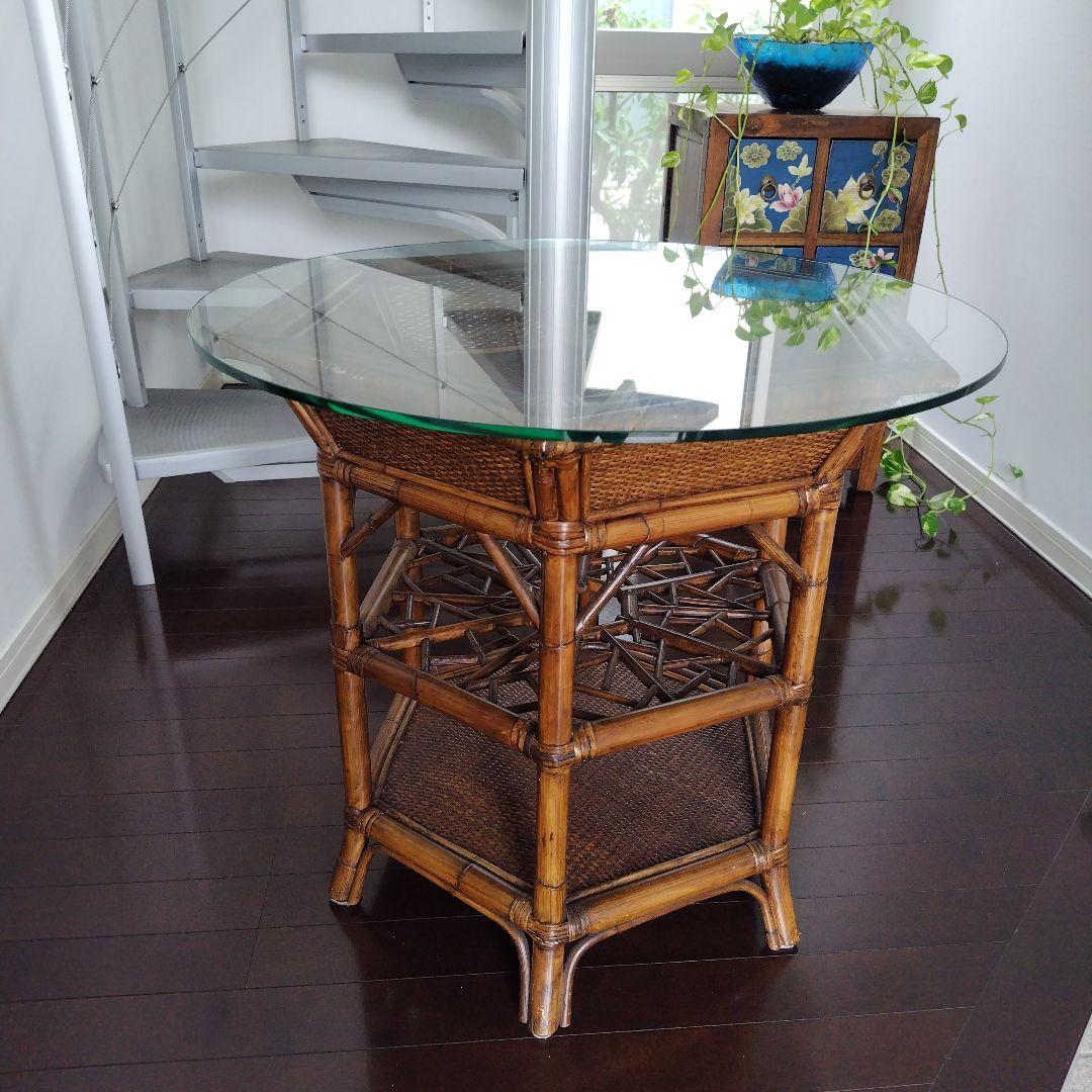 アンティーク ラタン 六角形テーブル ガラス天板付き 風水