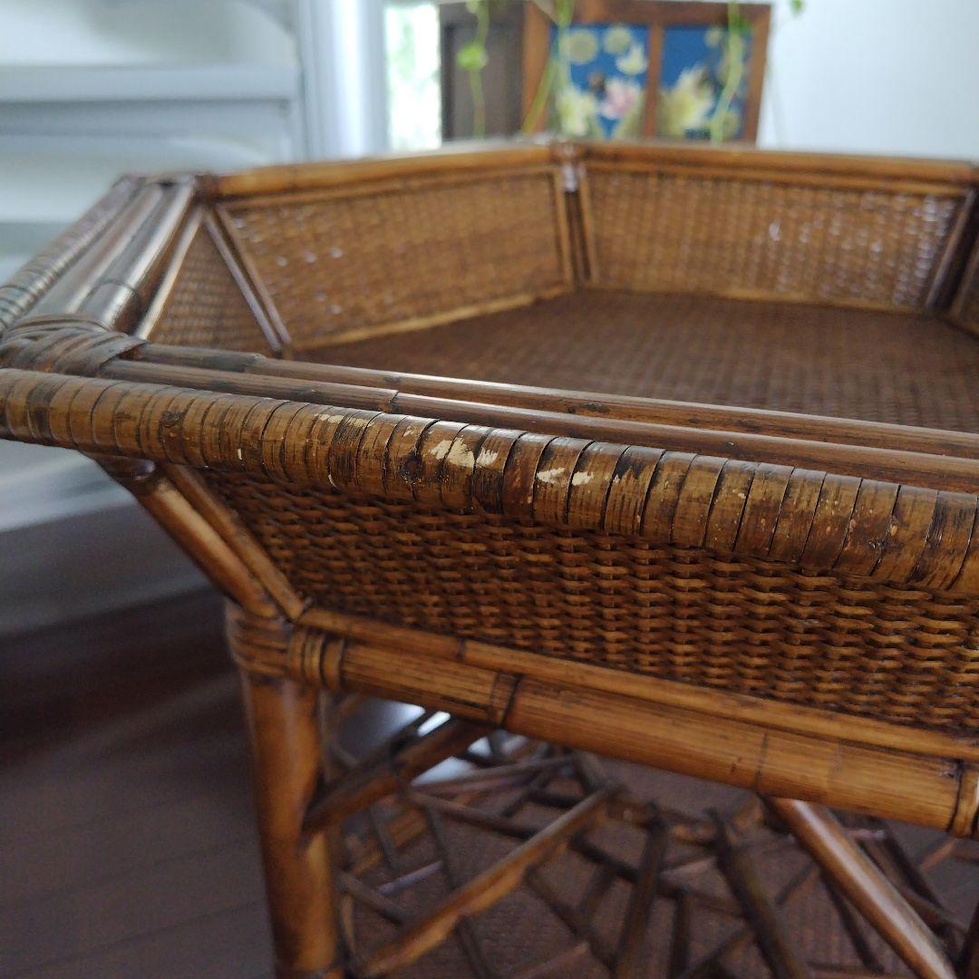 アンティーク ラタン 六角形テーブル ガラス天板付き 風水