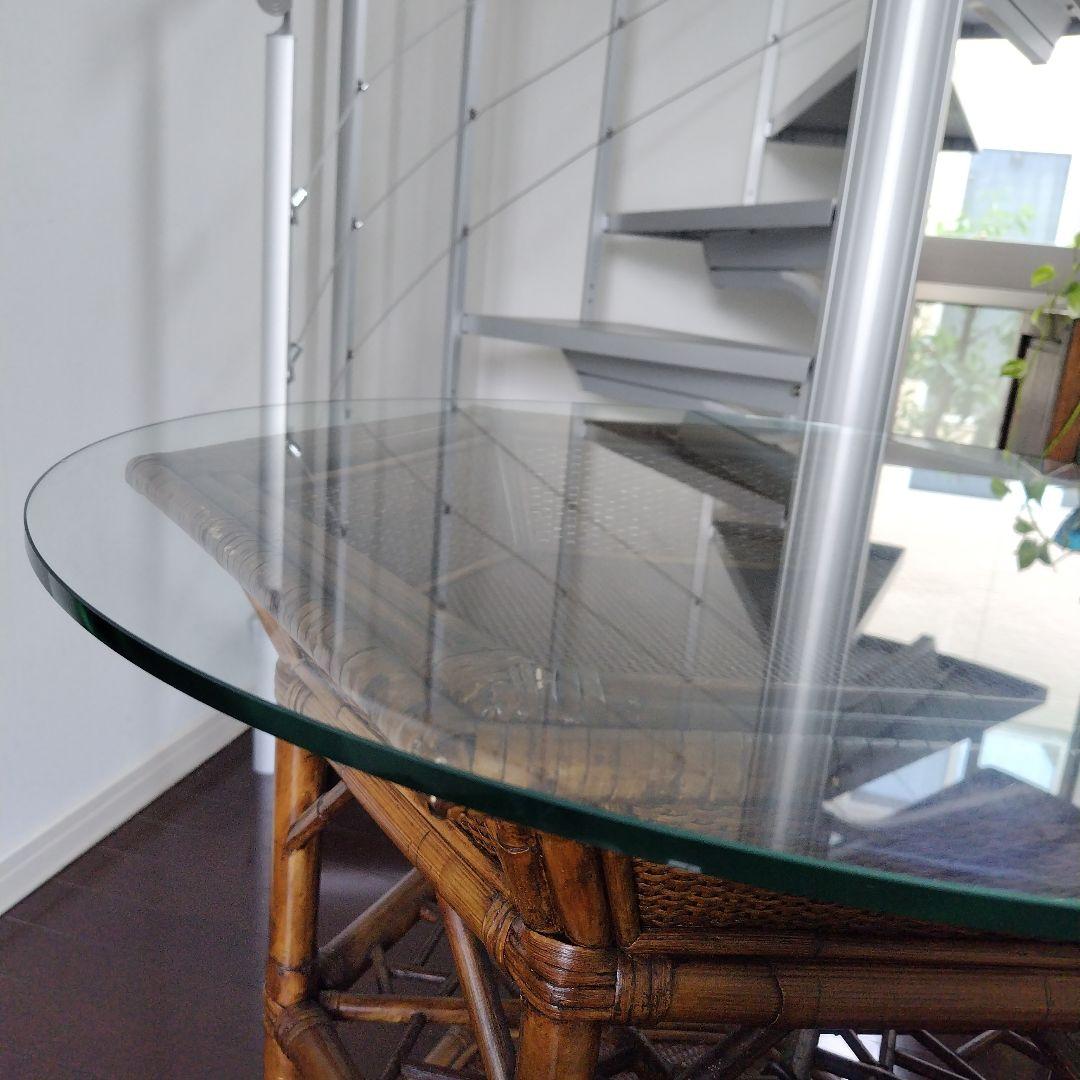 アンティーク ラタン 六角形テーブル ガラス天板付き 風水