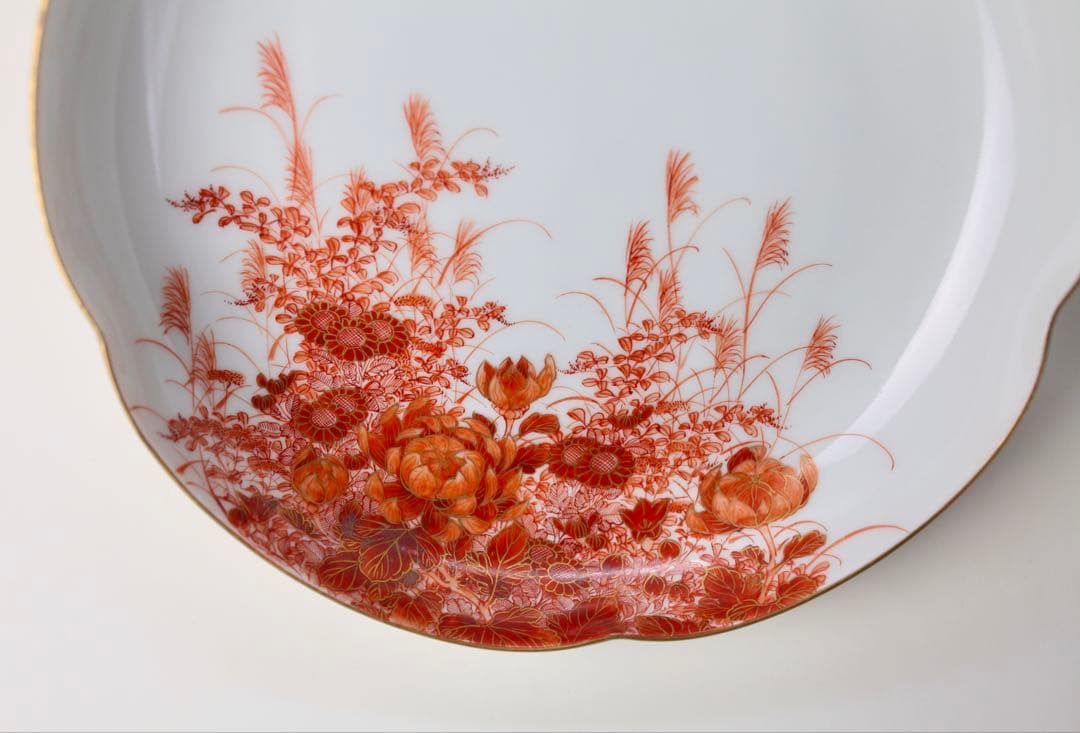 九谷焼 金城竜山 赤釉菊絵 菓子皿 茶器