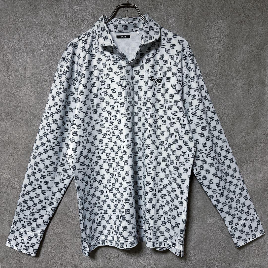 SY32 エスワイサーティートゥ 総柄 ロゴ 長袖 ポロシャツ ホワイト XL