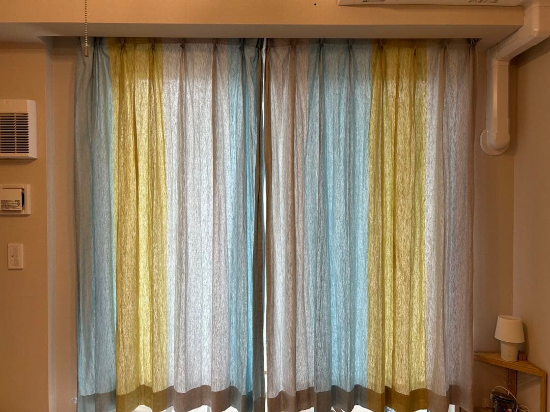 unico 青と黄のストライプドレープカーテン2枚組