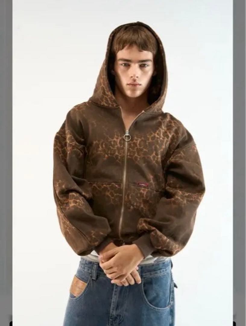 scuffersレオパード柄ブラウンフードパーカー