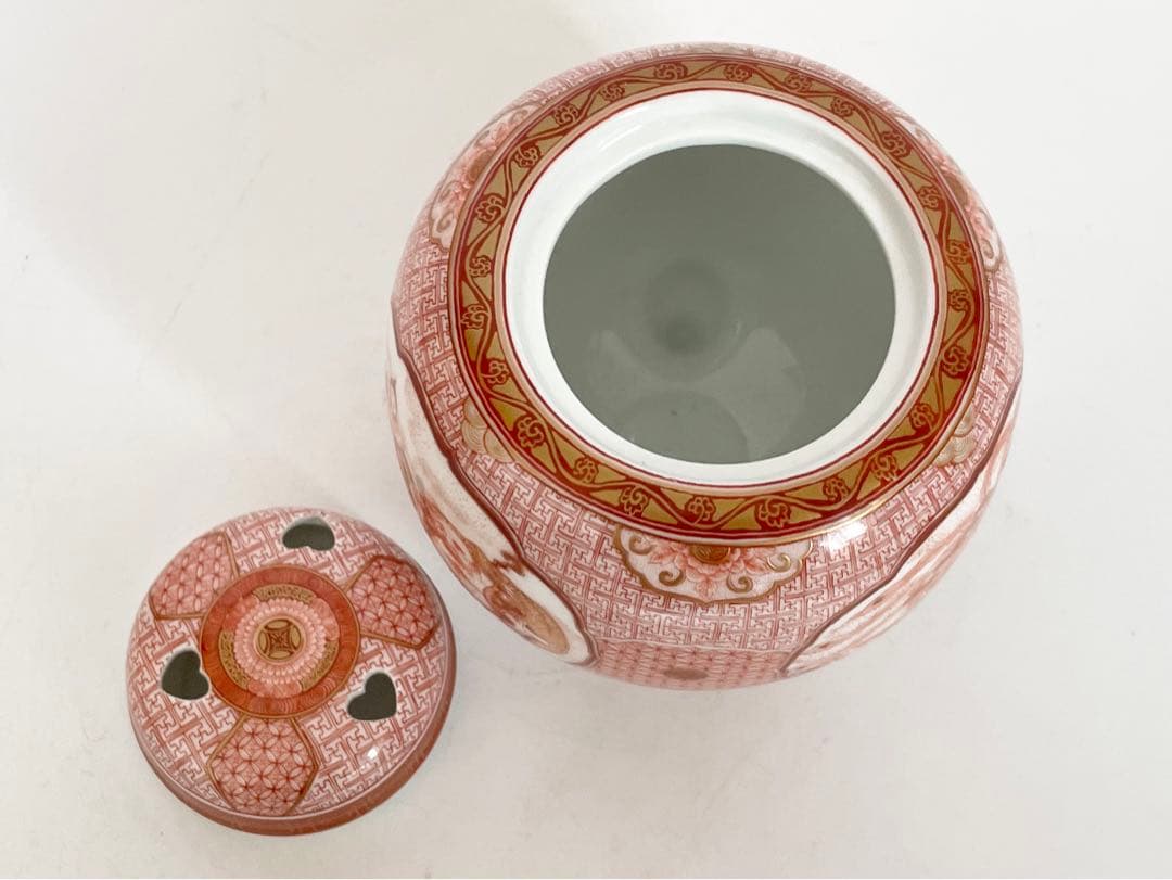 陶芸家　福島武山　九谷焼　細密赤絵　三つ足　香炉　香爐　鳳凰　菊　大黒　箱なし