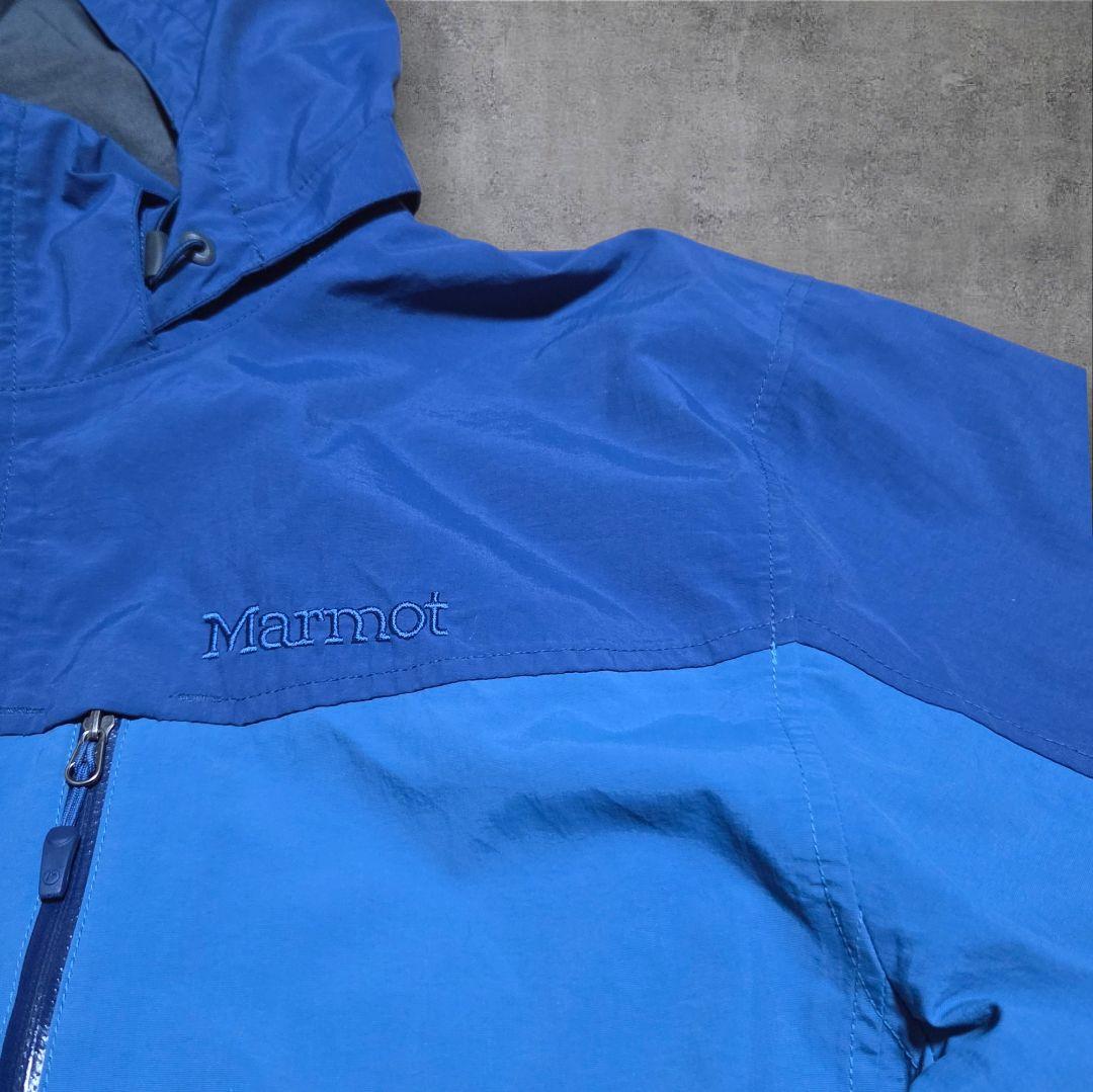 美品 テック系古着Marmotマウンテンパーカー現行ブルーネイビードローコードL