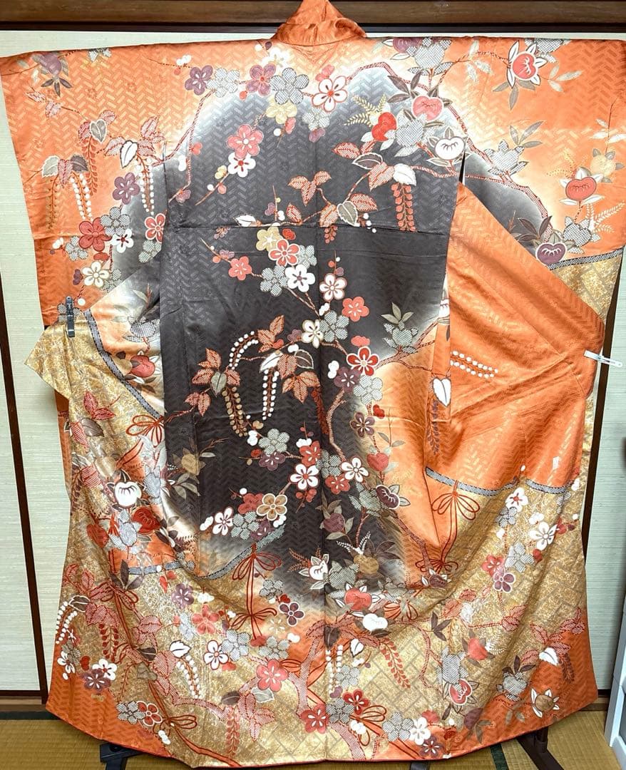 吾妻徳穂 落款あり 身丈158 オレンジ桜橘 振袖
