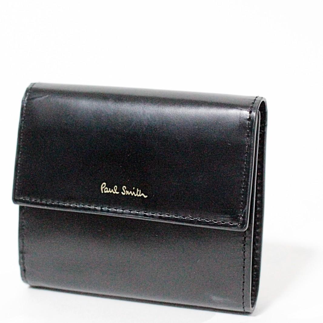 新品 ポールスミス シャイニーレザー 内ストライプ コンパクト折り財布 黒