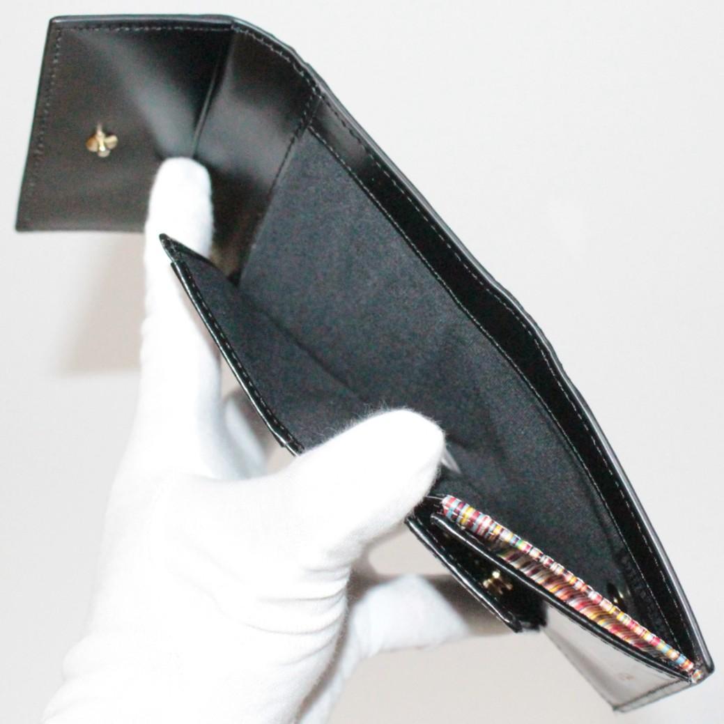 新品 ポールスミス シャイニーレザー 内ストライプ コンパクト折り財布 黒