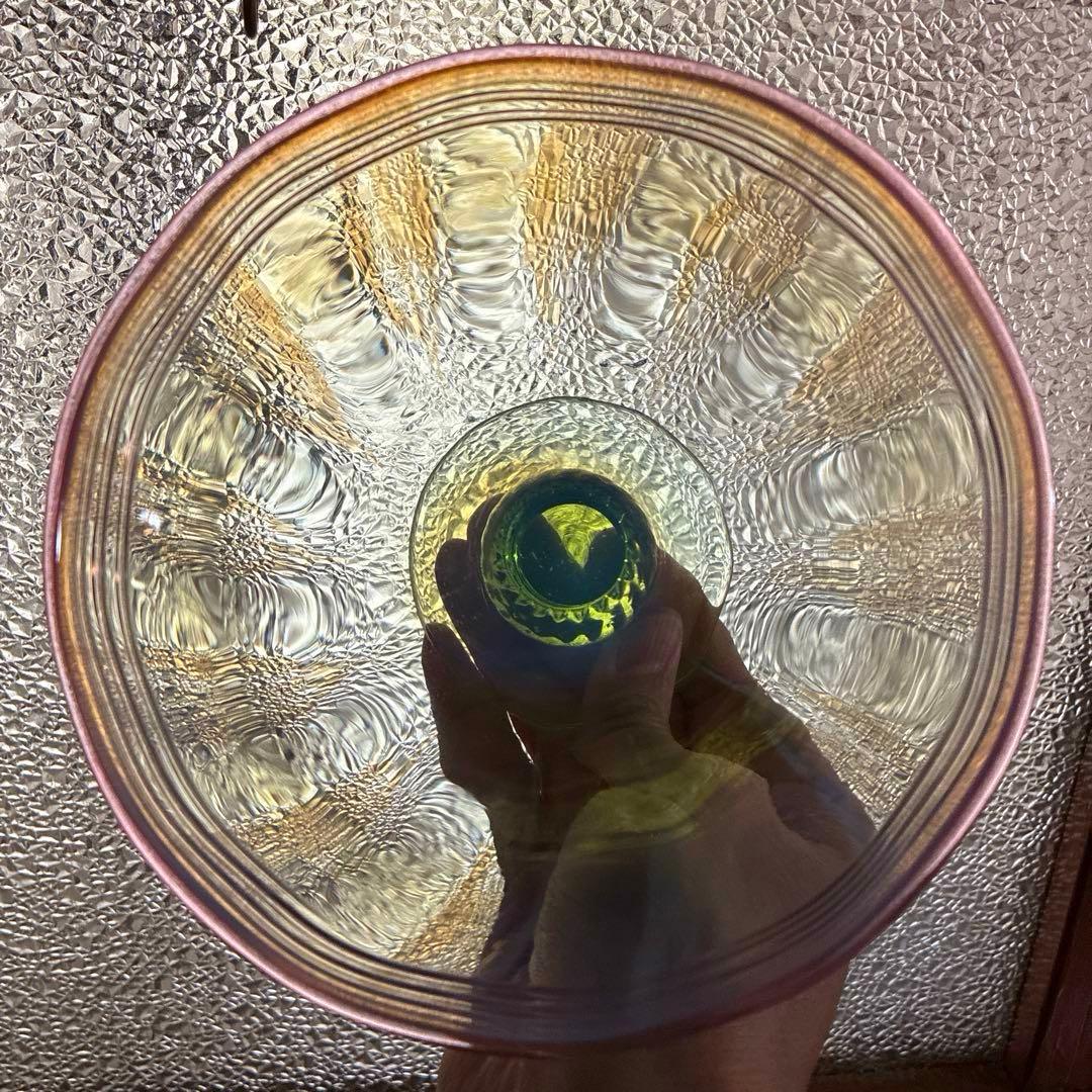 骨董　時代ガラス　希少　若草色　乳白色暈し　桃色千段巻き　氷コップ　ウラン