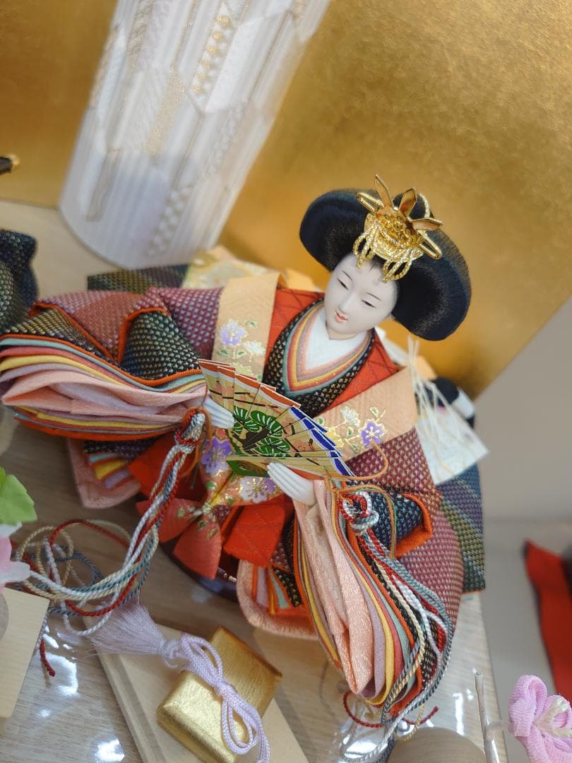 ●収納式おひなさま●　つむぎ風衣装飾り　金屏風　フルセット