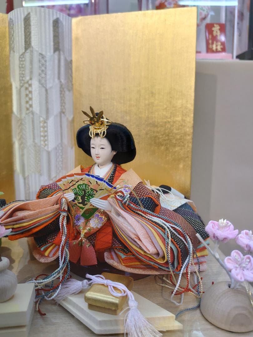 ●収納式おひなさま●　つむぎ風衣装飾り　金屏風　フルセット