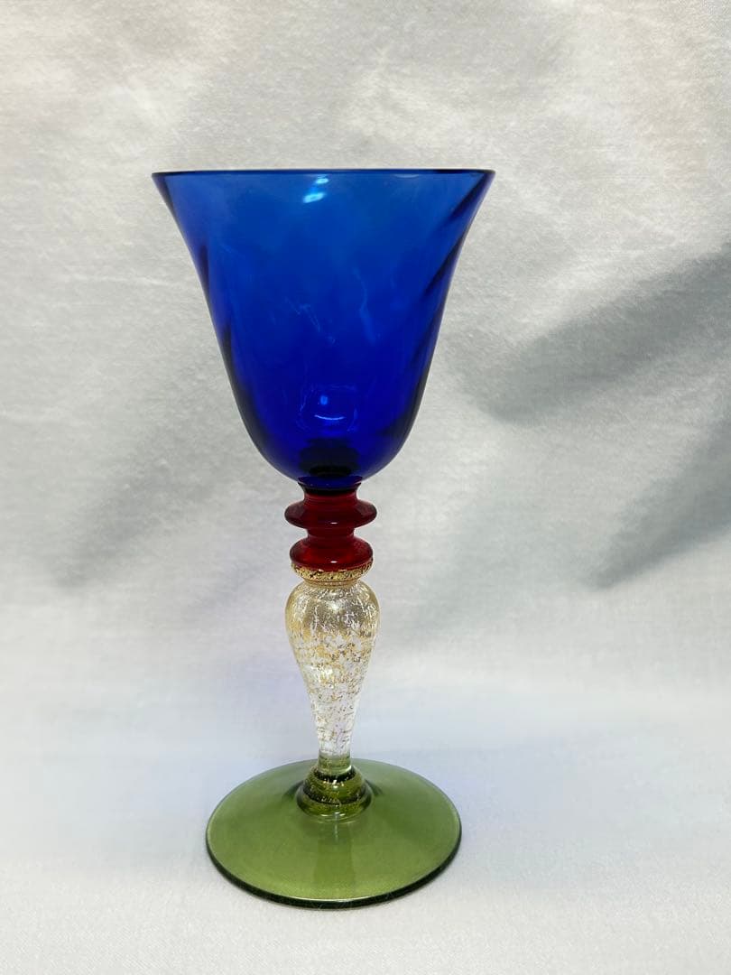 ベネチアングラス青色ガラス ワイングラス 約14cm ヴィンテージ未使用品