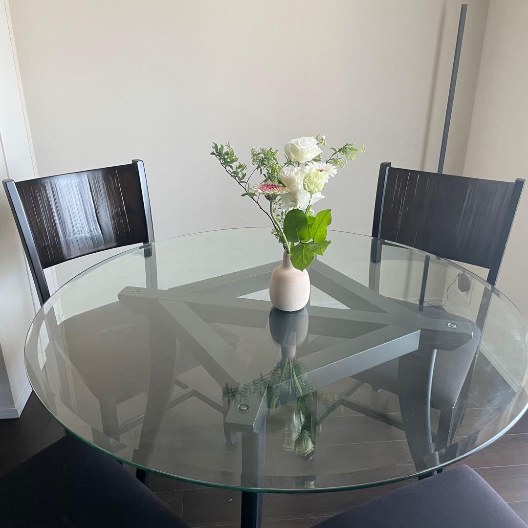 直径110cmガラスラウンド ダイニングテーブル & ダイニングチェア4脚セット