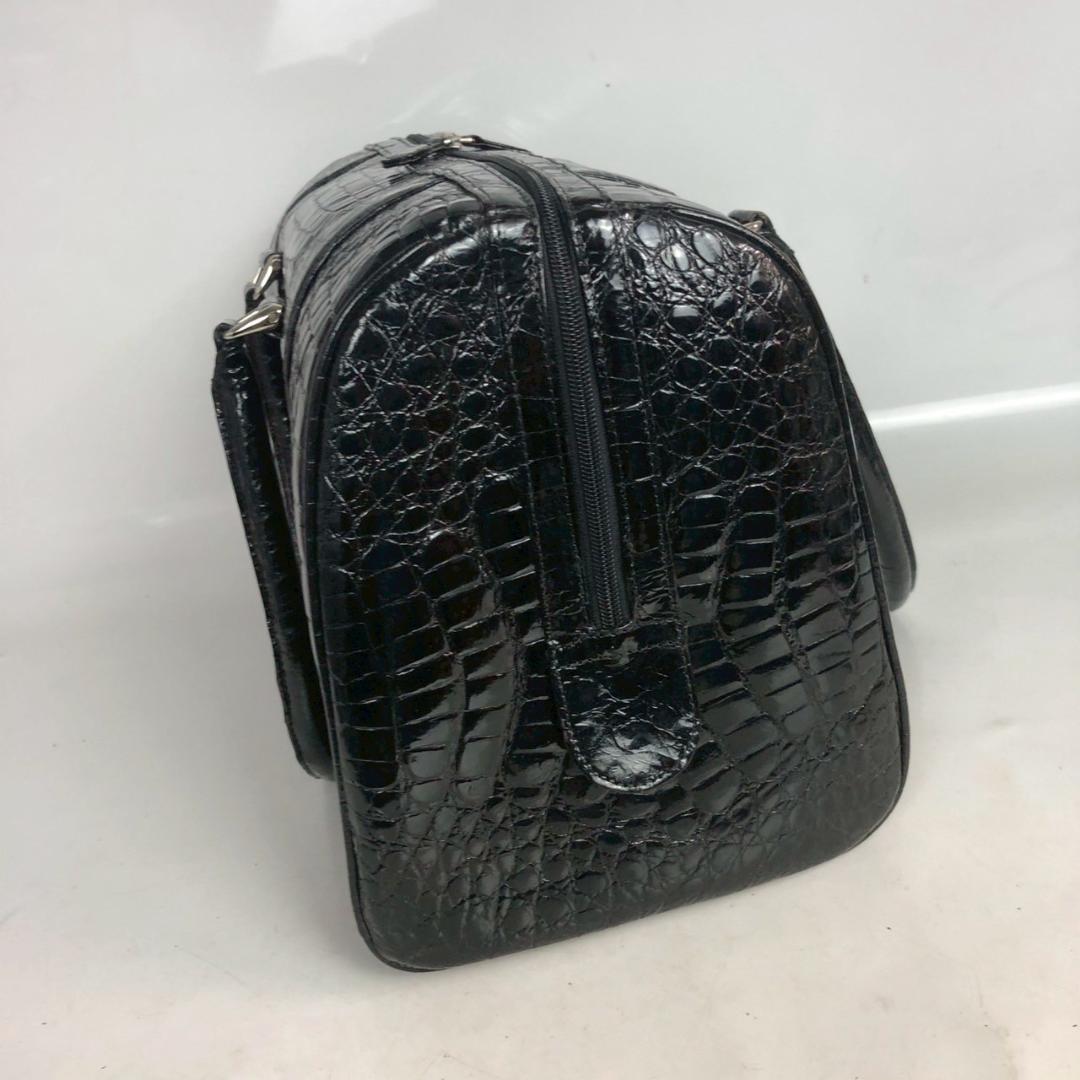 クロコダイル ハンドバッグ ミニボストンバッグ シャイニング加工 黒 ブラック