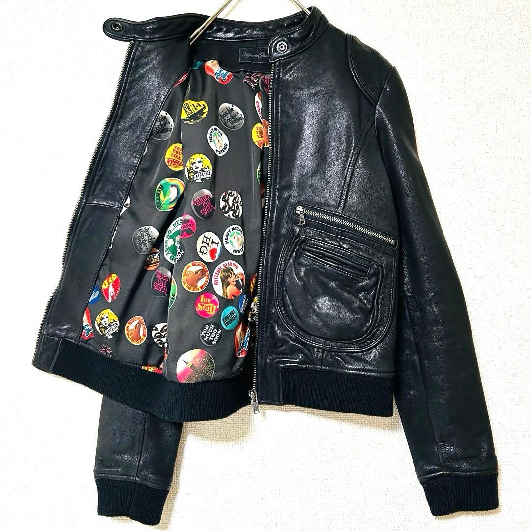 ヒステリックグラマー シングルライダースレザージャケット 山羊革 裏地総柄 黒