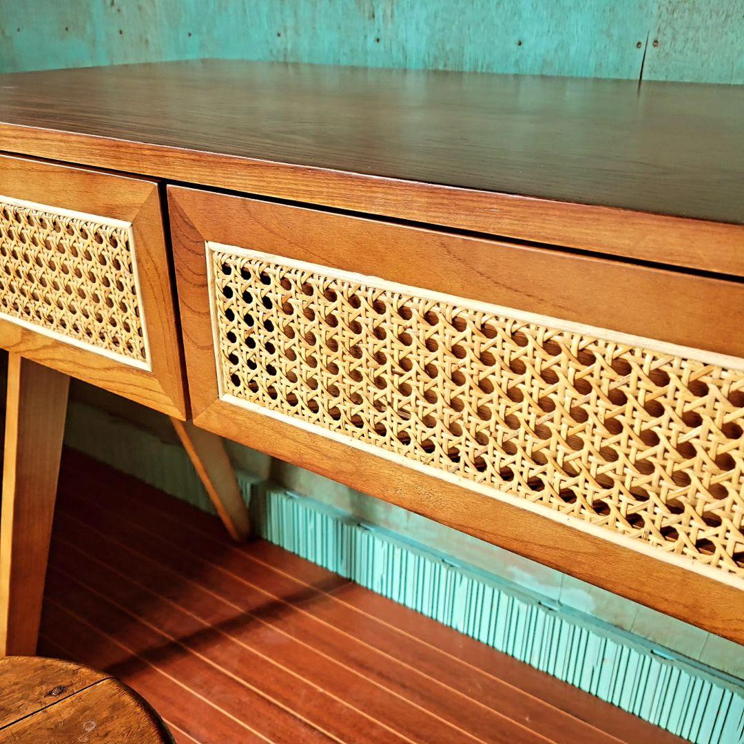 送料込みラタン×ウォルナット デスク 引き出し付 ヴィンテージ調 北欧モダン