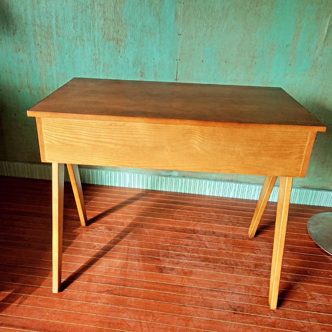 送料込みラタン×ウォルナット デスク 引き出し付 ヴィンテージ調 北欧モダン