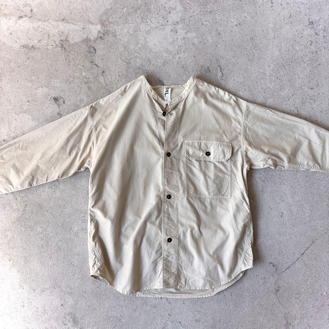 MHL. メンズ オーバーサイズ コットン バンドカラー シャツ アイボリー白_