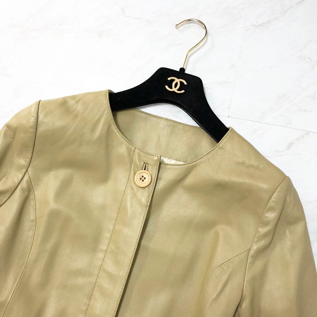 未使用級❤️BALMAIN ラムレザー　羊革　レザーコート　ノーカラー　カーキ
