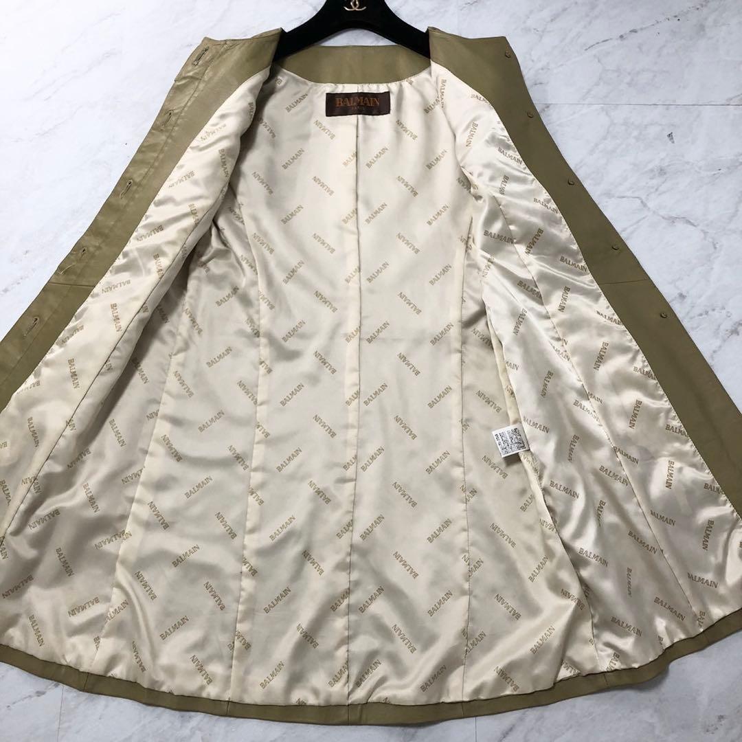 未使用級❤️BALMAIN ラムレザー　羊革　レザーコート　ノーカラー　カーキ