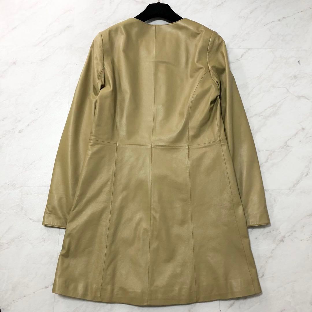 未使用級❤️BALMAIN ラムレザー　羊革　レザーコート　ノーカラー　カーキ