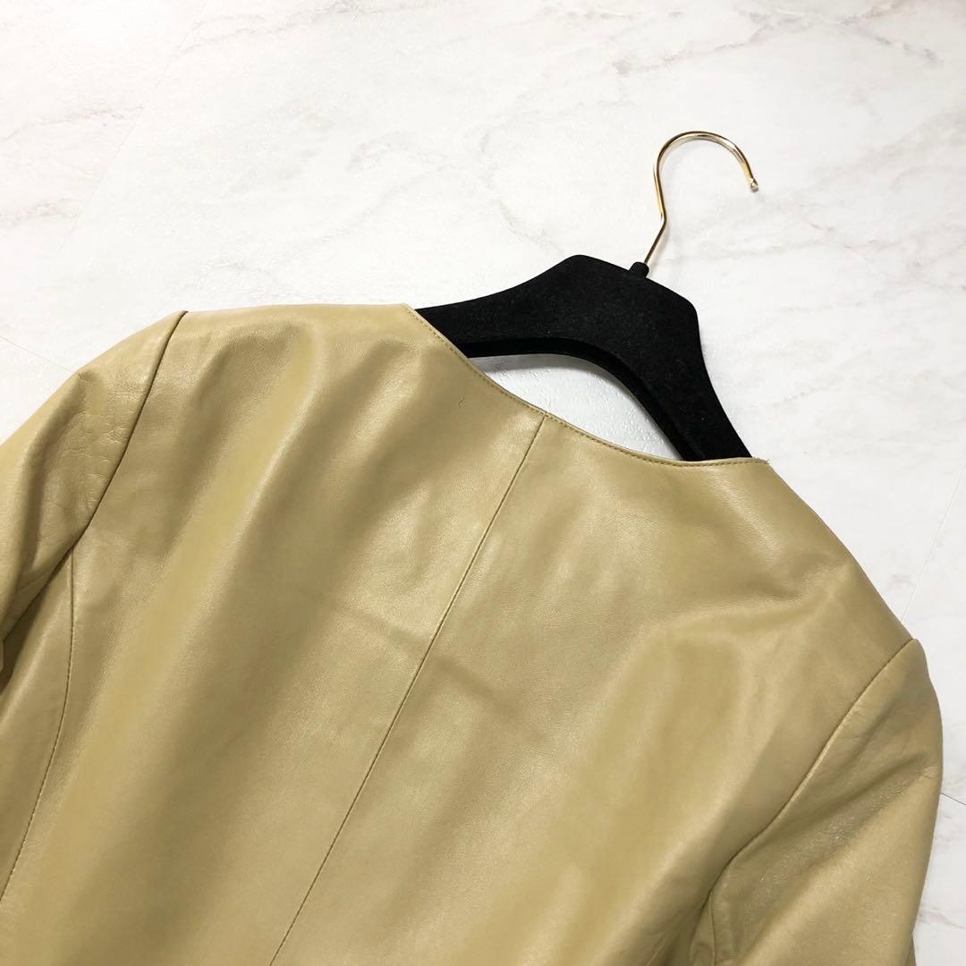 未使用級❤️BALMAIN ラムレザー　羊革　レザーコート　ノーカラー　カーキ