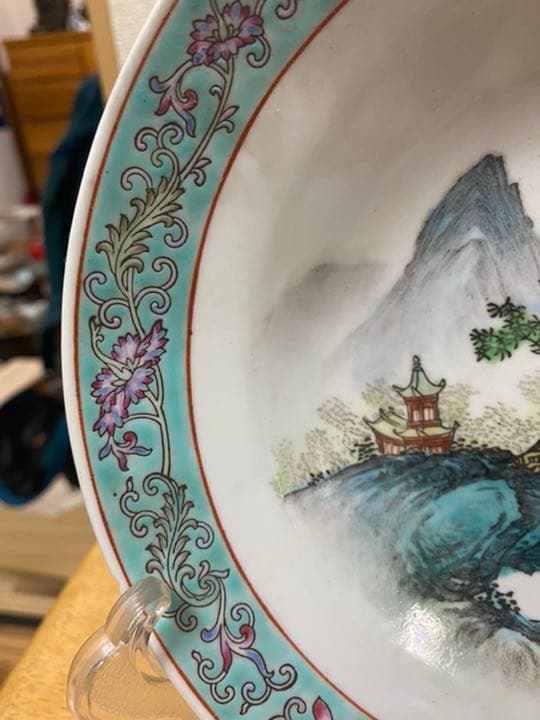 中国美術 山水 大皿 粉彩 飾皿