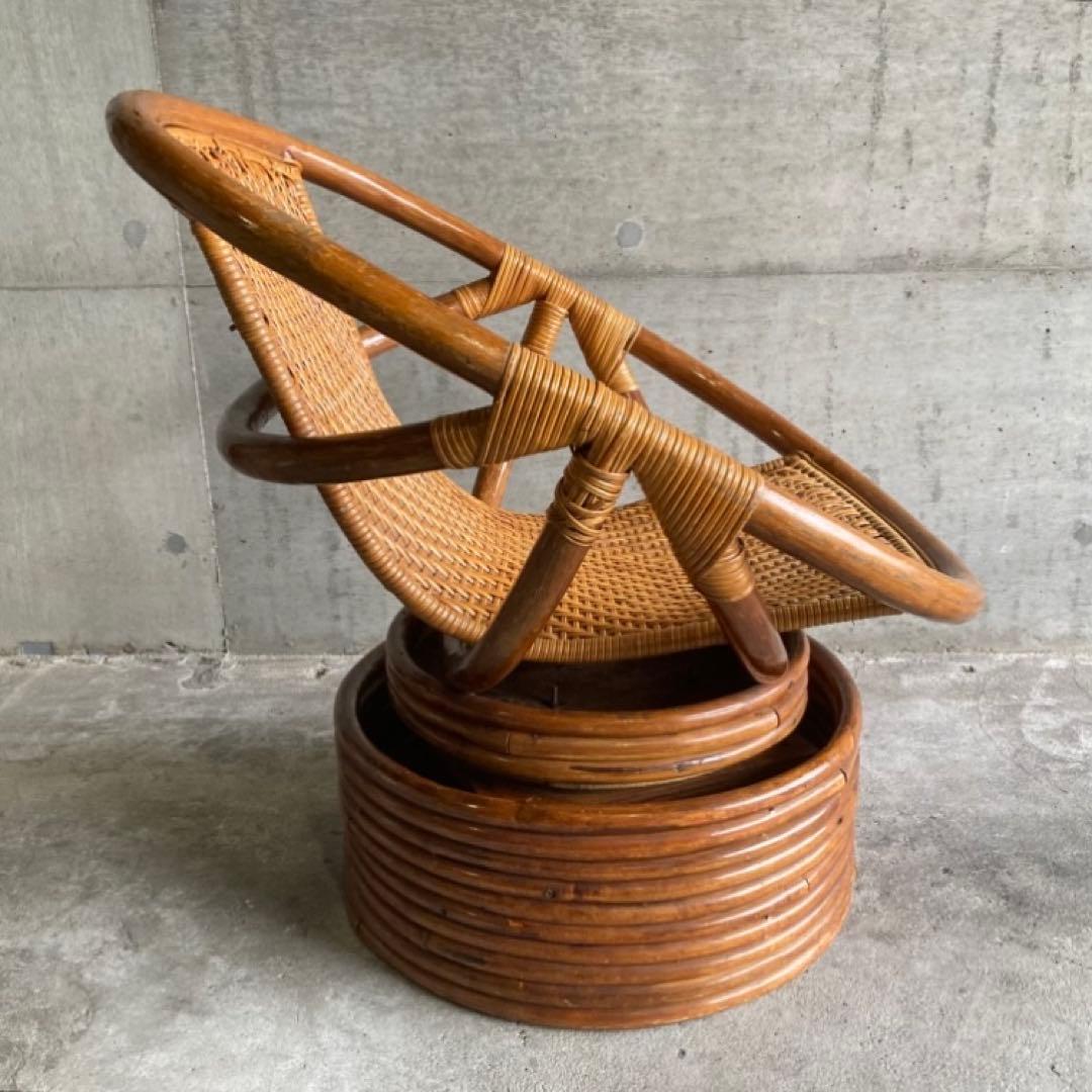 籐 ラタン 回転椅子 チェア 丸型 円形 編み込み アジアン 木製 家具 レトロ