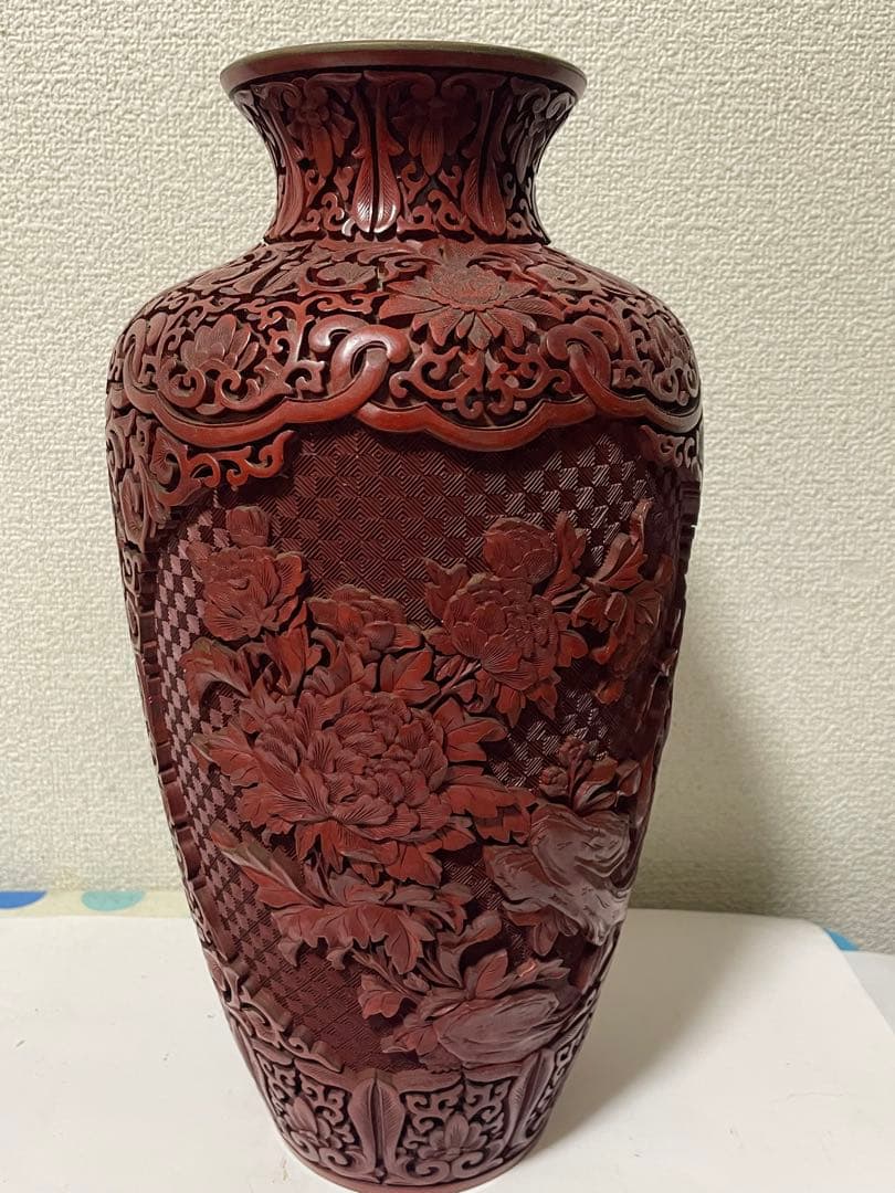 中国美術　堆朱　剔紅花瓶　美品アンティーク　高さ約39㎝