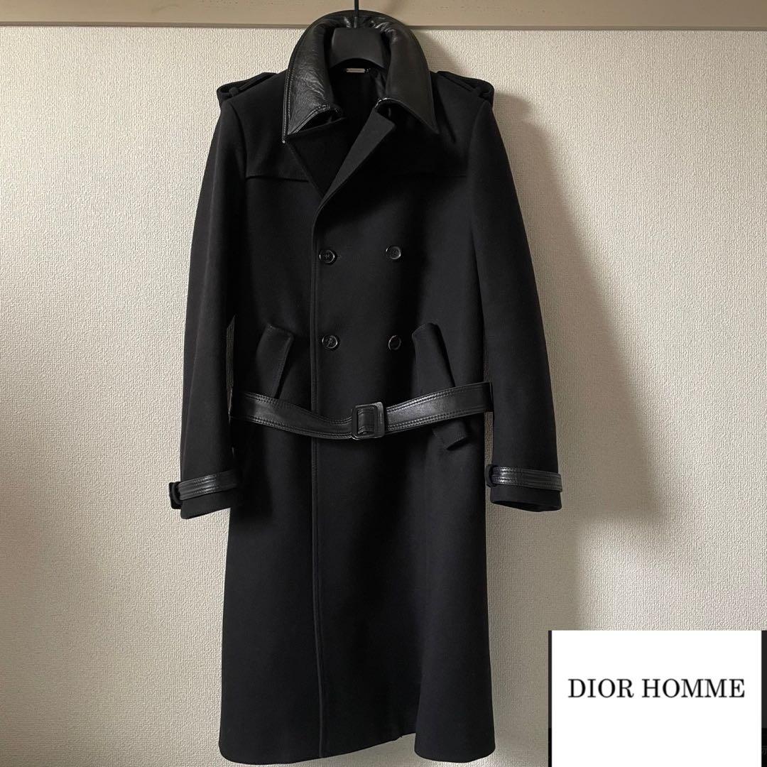 美品【DIOR HOMME】エディ期トレンチ型ウールコート 襟レザー メンズ44