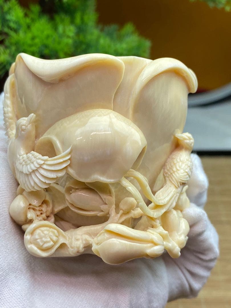天然マンモス牙美しい手作り彫刻花開富貴置物