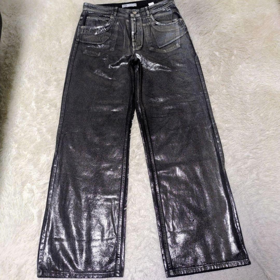 【希少】完売品ZARAシルバーコーティングメタリックフレア デニム ウエスト84