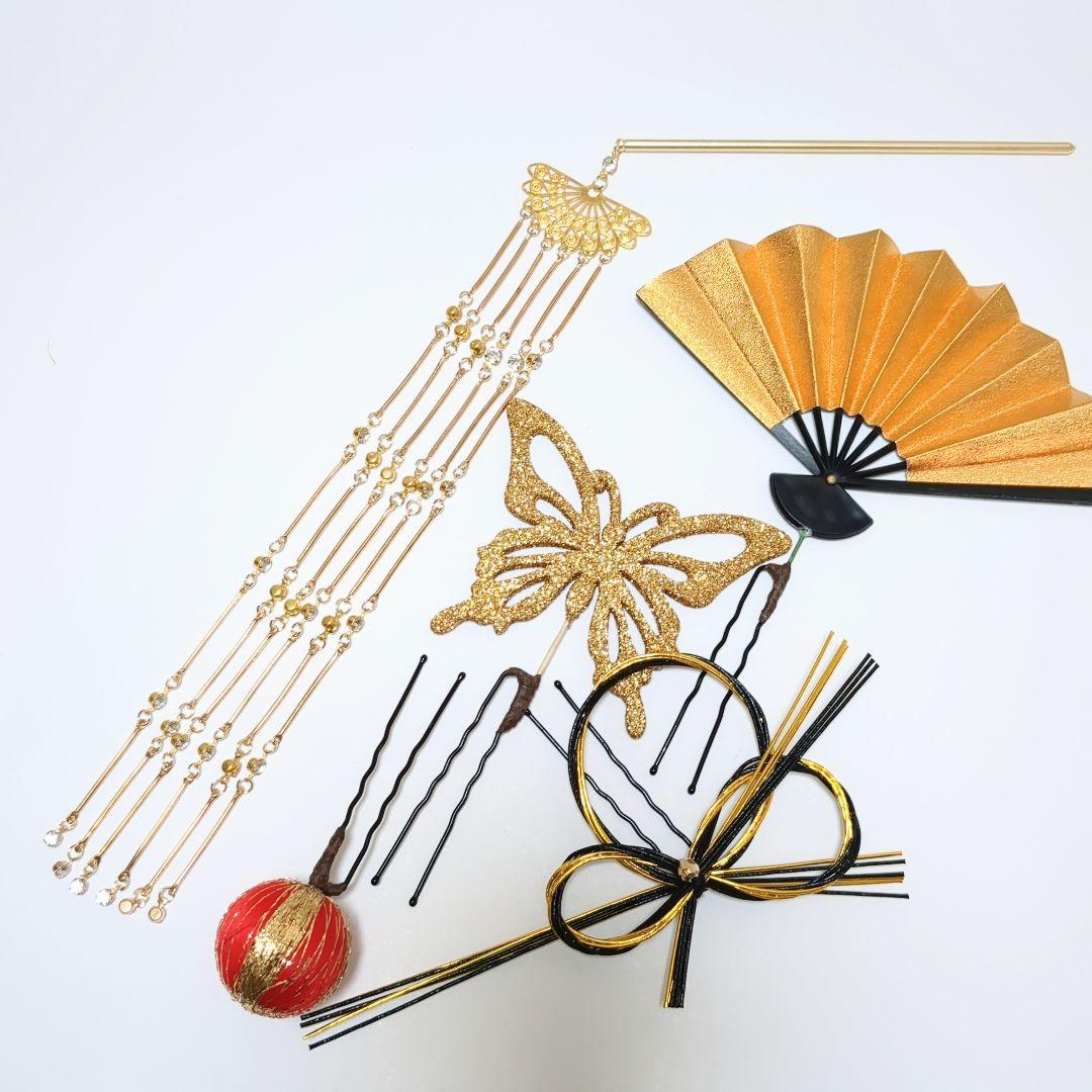 髪飾りViVi～白黒赤金・簪&扇子付き和飾り～成人式 結婚式 花魁 かんざし