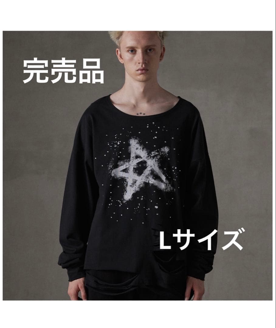 【GRANCY】ラインストーンデザイン グラフィックダメージ ロンT Lサイズ黒