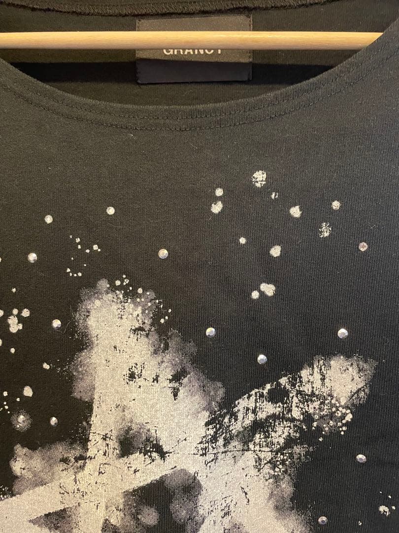 【GRANCY】ラインストーンデザイン グラフィックダメージ ロンT Lサイズ黒