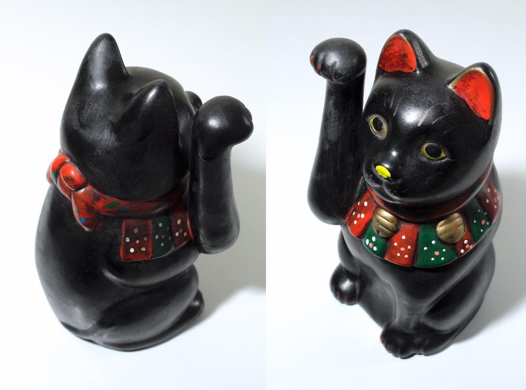 戦前-昭和 九谷焼 黒猫 招き猫