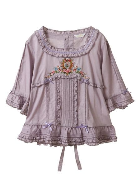 の*ん様 ピンクハウス　クレストフラワー刺繍ブラウス、壁紙模様スカート&バッグ、